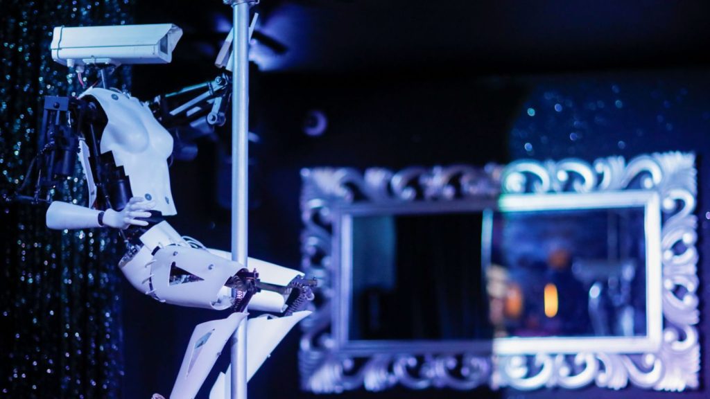 Robot pole dancers at nightclub