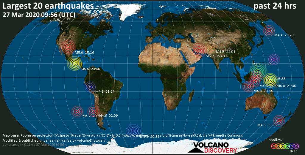 Earthquakes Today: list and maps of the 20 largest earthquakes during the past 24 hours