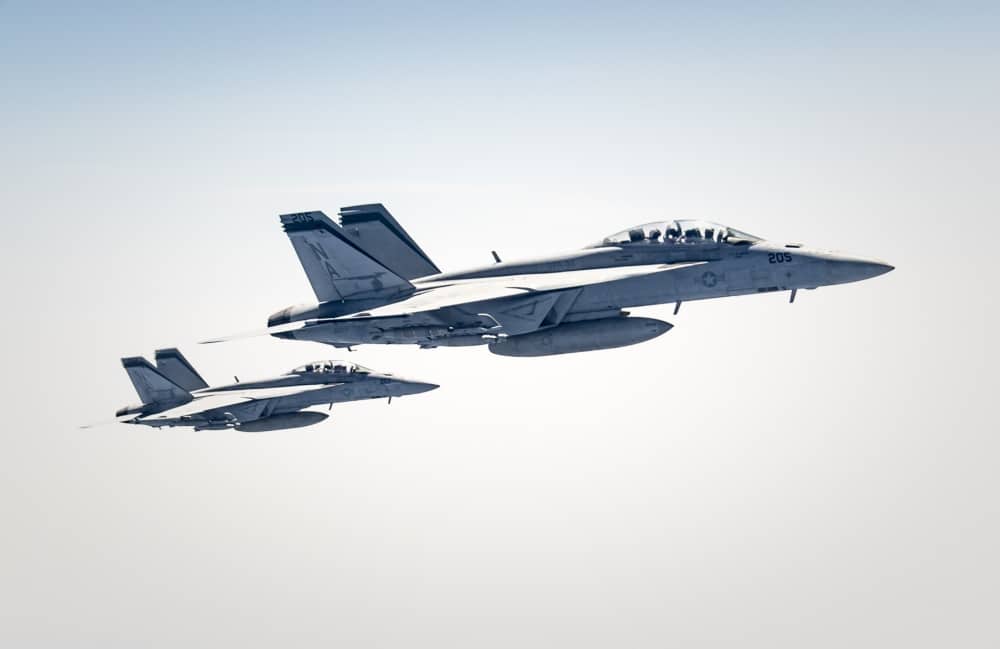 Two U.S. Navy F/A-18F Super Hornets assigned to Carrier Air Wing 17, deployed aboard the aircraft carrier USS Nimitz (CVN 68), fly over the U.S. Central Command area of responsibility Sept. 23, 2020.