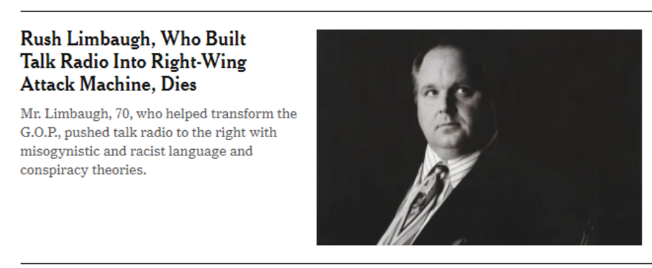 Just Why? NY Times slam conservative Rush Limbaugh in obituary