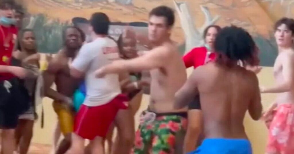 Mass brawl at water park as violent 'queue jumping' row leaves woman covered in blood