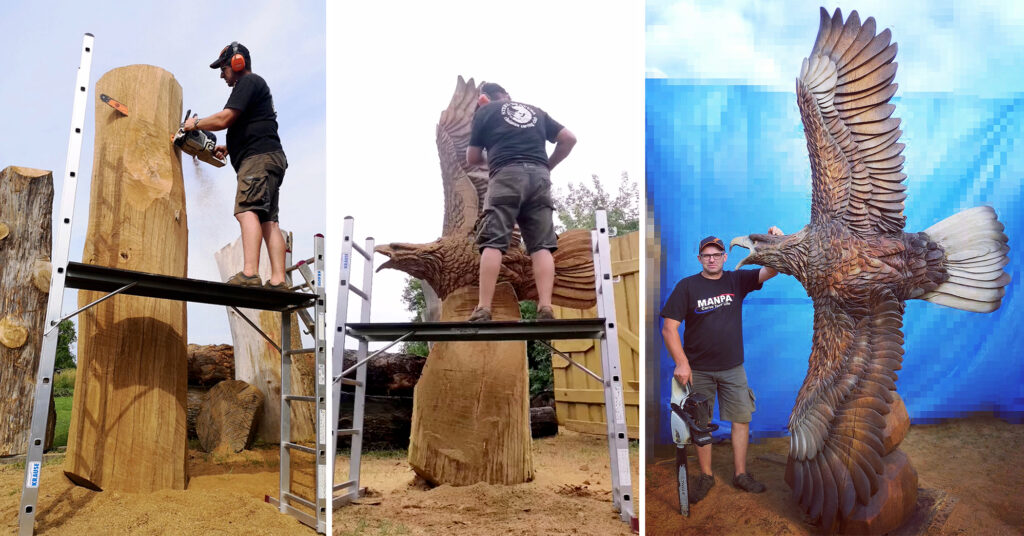 Lithuanian Chainsaw Artist Carves Huge Eagle Spreading Its Wings in Flight out of Logs
