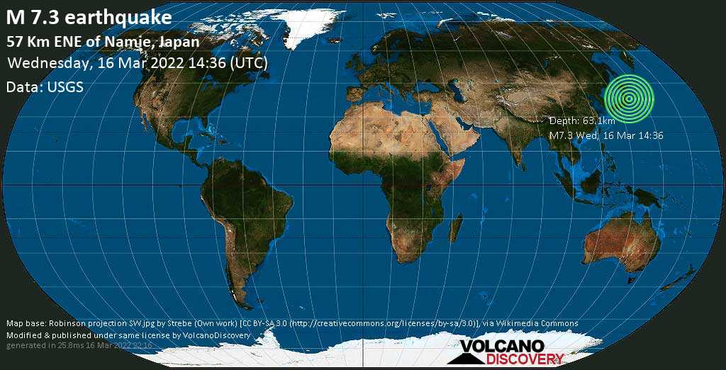 Major magnitude 7.3 earthquake - North Pacific Ocean, 89 km southeast of Sendai, Honshu-miyagi-ken, Japan, on Wednesday, Mar 16, 2022 at 11:36 pm (GMT +9) - 9 hours ago