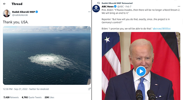 "Thank You, USA": Polish MEP Praises U.S. For Destroyed Nord Stream Pipelines