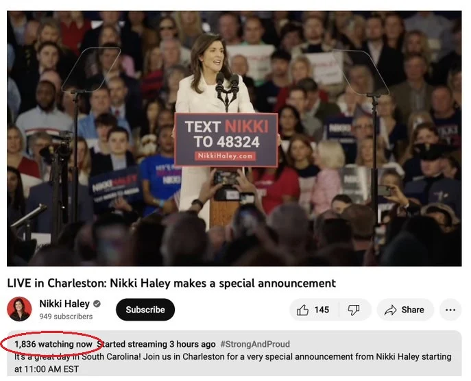 Good Luck Beating Trump… Nikki Haley Can’t Crack 2,000 Live Viewers During BIG Presidential Campaign Announcement