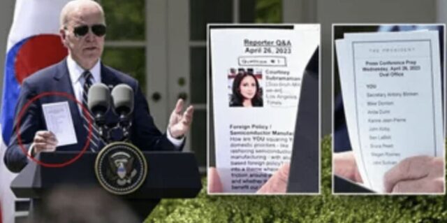 Biden Caught With Crib Notes Detailing Reporter’s Question Prior To Calling On Her During Press Conference