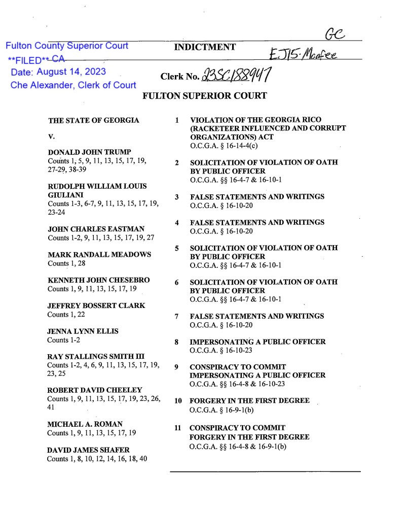 Criminal Indictment Released Against President Trump and 18 Coconspirators