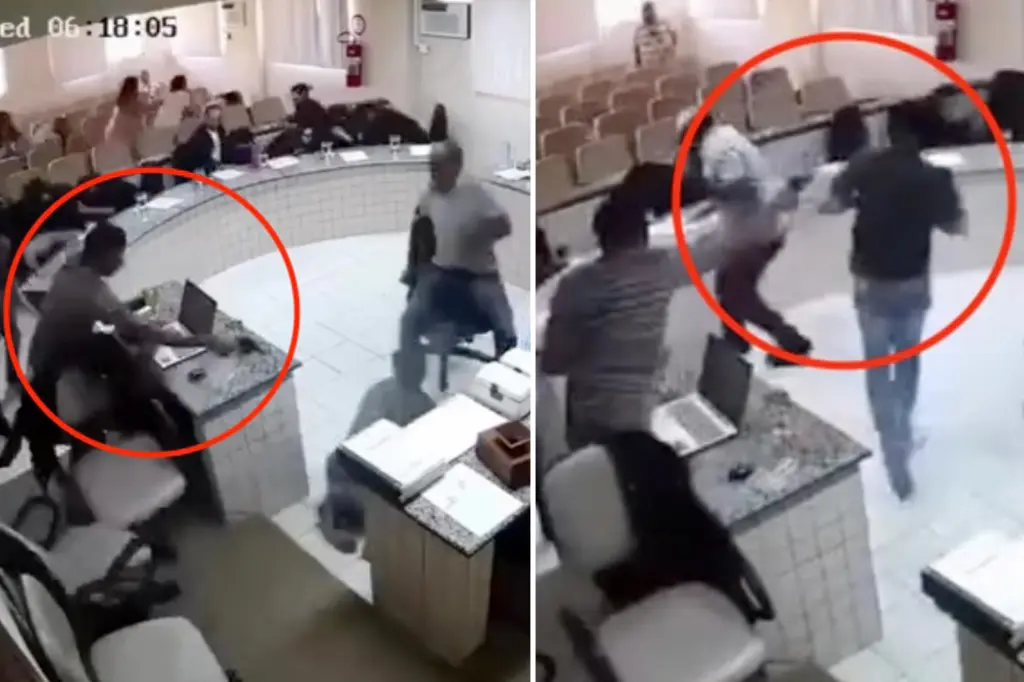 Disturbing video shows revenge-seeking son shoot dad’s accused killer six times, pistol-whip him in courtroom
