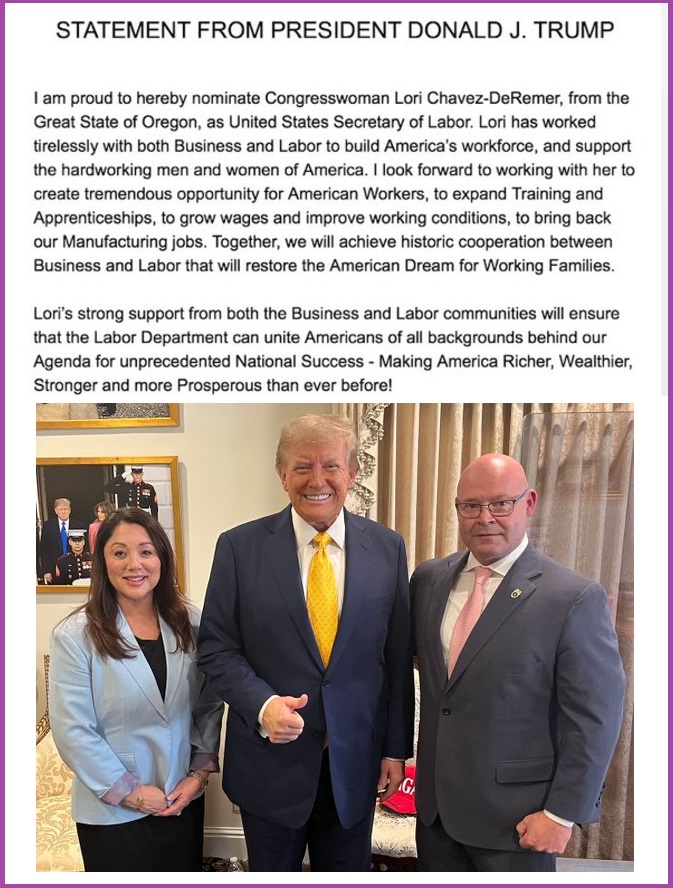 President Trump Nominates Lori Chavez-DeRemer for Secretary of Labor