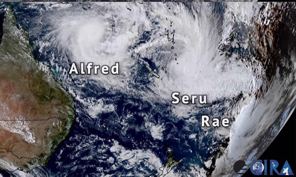 Satellite image captures three tropical cyclones spinning in the South Pacific at once