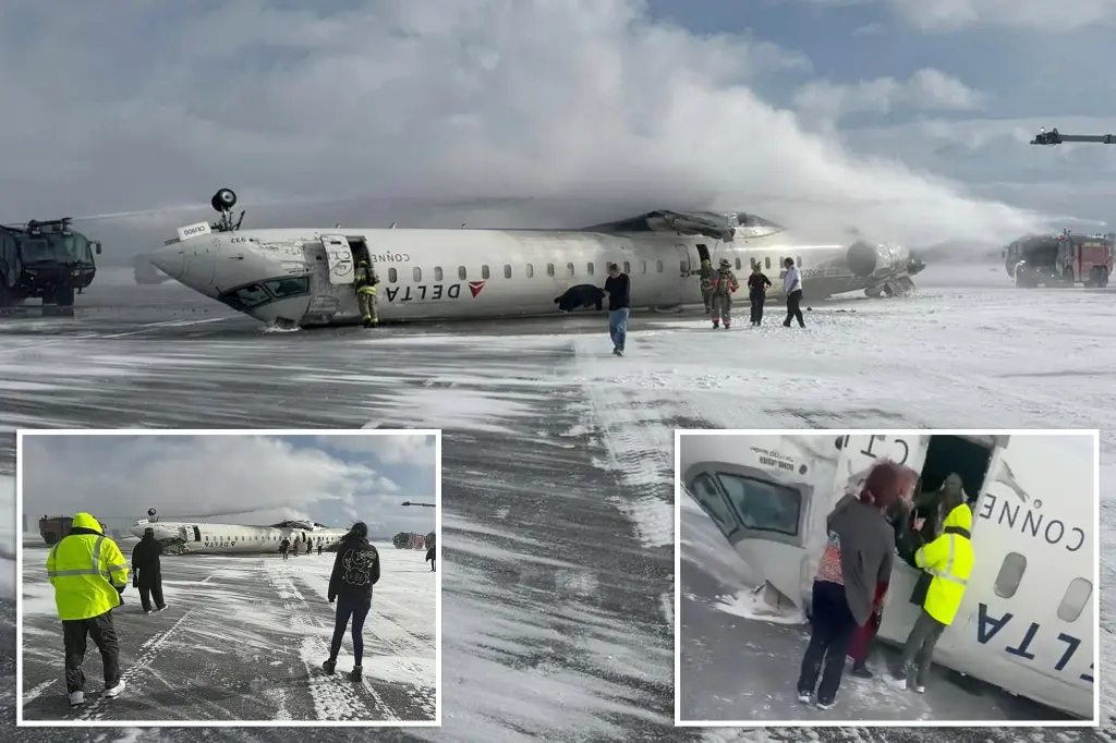 Delta plane flipped upside-down in Toronto after landing gear collapsed when it came down too fast in high winds, report reveals