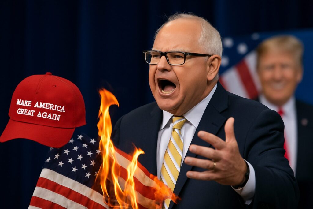 UNHINGED- Tim Walz Goes Berserk, Suggests People Burn Flags with President Trump’s Photo On Them
