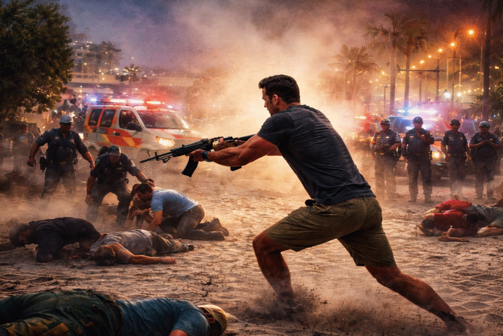 A dramatic scene from Bondi Beach shows a civilian hero seizing an assault rifle from an attacker amidst chaos. Injured victims lie on the sand while emergency responders rush to help, with flashing lights from police and paramedic vehicles lighting up the background.