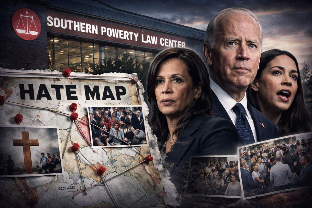 A digitally created image of the Southern Poverty Law Center building with a "Hate Map" pinned to a bulletin board in the foreground. Democratic figures—Biden, Harris, and Ocasio-Cortez—stand with serious expressions, as symbols of political tension and controversy surround them.