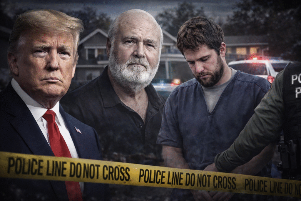 A composite news-style image showing Donald Trump speaking solemnly, a portrait of filmmaker Rob Reiner, and a handcuffed suspect escorted by police near a crime scene with flashing lights, illustrating political reaction alongside an ongoing homicide investigation.