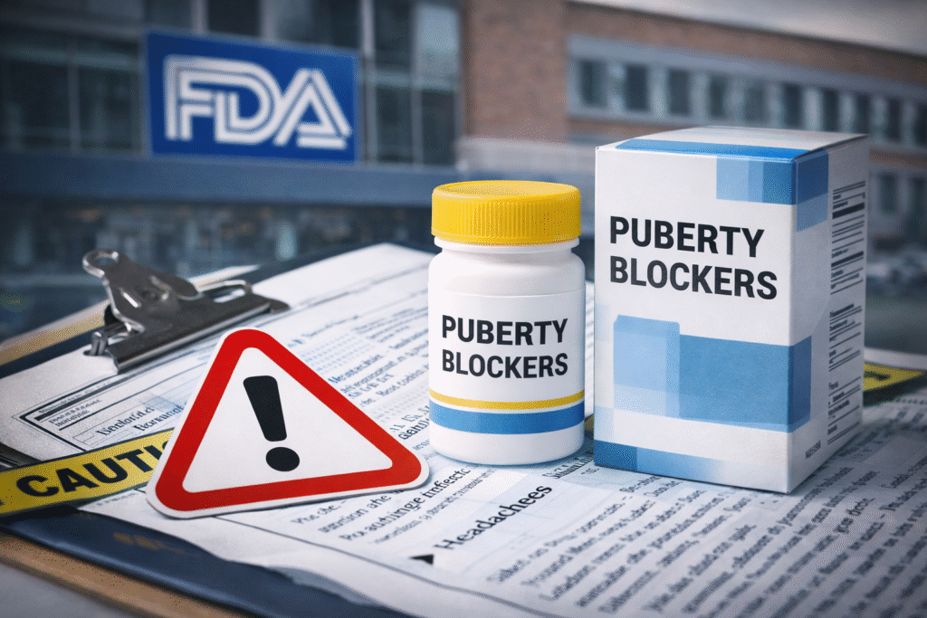 Prescription drug packaging labeled “puberty blockers” placed on medical documents with a warning symbol in the foreground and the FDA building blurred in the background, representing regulatory scrutiny and reported safety concerns.
