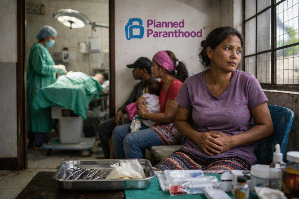 Woman seated in a Planned Parenthood clinic waiting area with hands resting on her abdomen, as other patients wait nearby and medical staff prepare a procedure in an adjacent examination room.