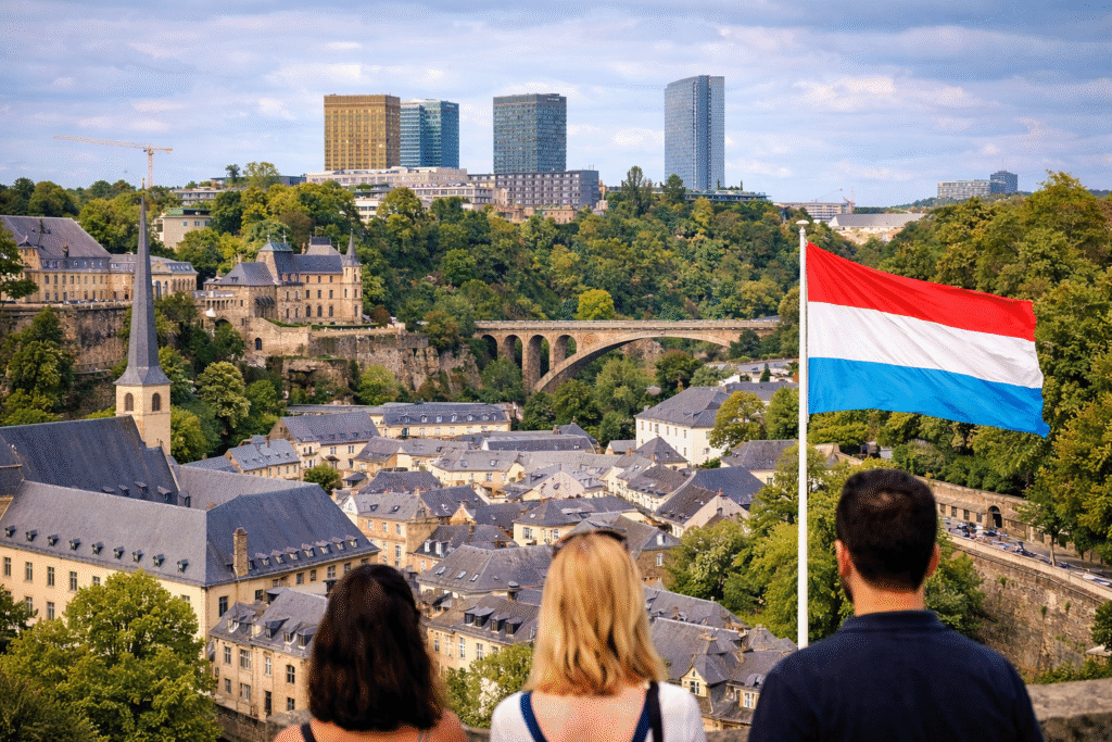 Panoramic view of Luxembourg City showing historic lower-town buildings, a stone bridge over the Alzette River, green valleys, and modern high-rise offices in the background, with the Luxembourg flag in the foreground.