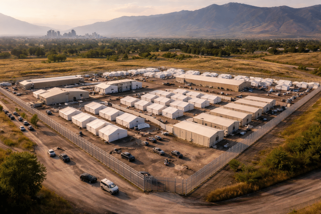Aerial view of a large fenced homeless services complex with rows of white tents and temporary buildings on open land outside Salt Lake City, with mountains and the city skyline in the distance.