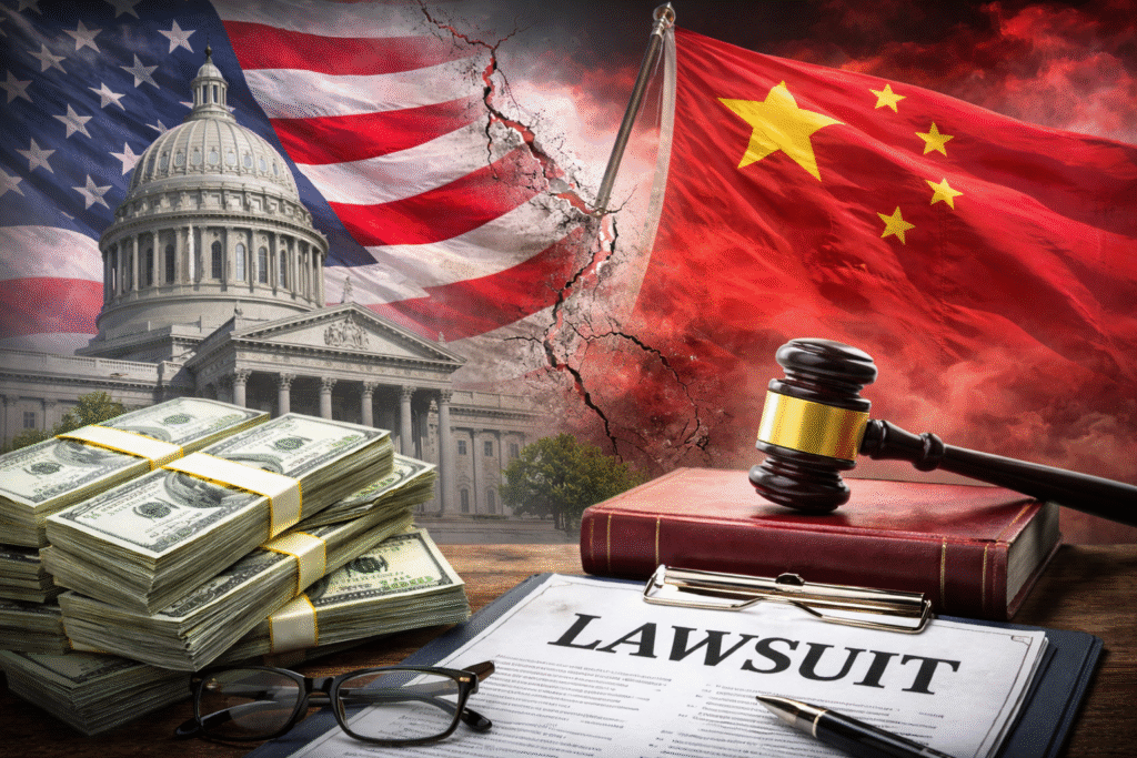 Illustration showing the Missouri State Capitol and U.S. flag facing China’s flag, with a gavel, legal documents, and stacks of U.S. currency symbolizing a legal dispute and financial claims between Missouri and China.