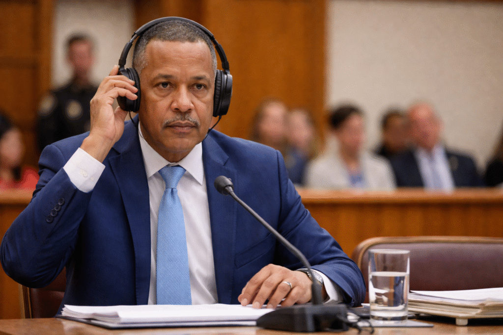 Mayor Brian DePena wearing a headset listens to a court translator while seated at a table during a formal hearing in a Massachusetts courtroom.