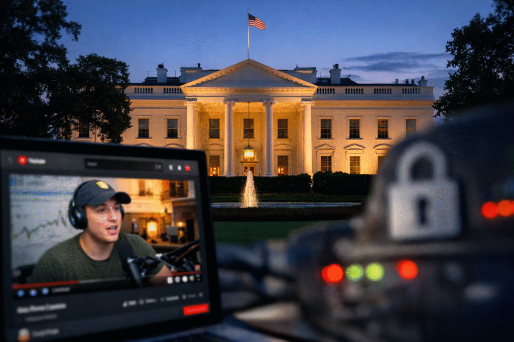 Evening view of the White House illuminated at dusk, with a computer screen in the foreground showing a personal finance YouTube livestream and blurred security indicators nearby.