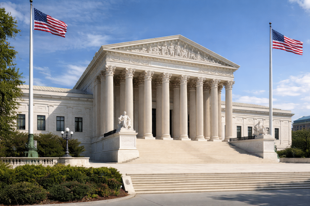 Exterior of the United States Supreme Court building in Washington, D.C., with stone steps and flags.