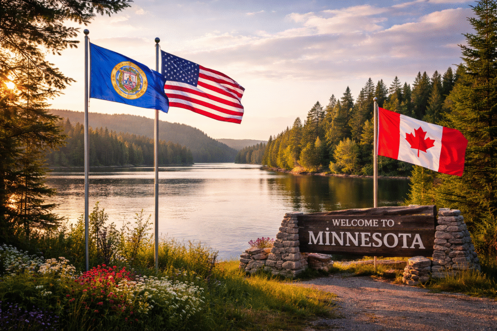 Photo-realistic image of the Minnesota-Canada border region with state and national flags blended into a calm landscape symbolizing discussion of secession.