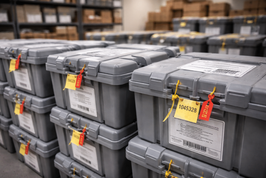 Sealed ballot boxes from the 2020 election being loaded onto a truck outside the Fulton County election office during a federal search operation.