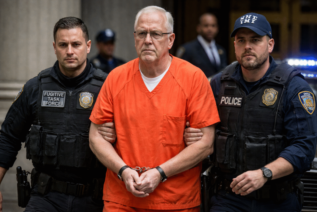 Lawrence Michael DeStefano in an orange jail uniform is escorted in handcuffs by two New York police officers outside a courthouse during daylight hours.