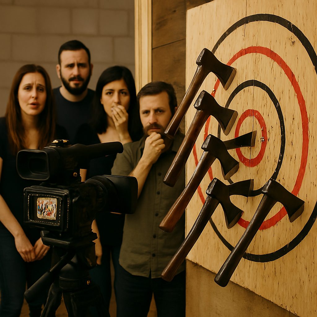 the group behind the axe-riddled target looking visibly worried, with tense expressions and anxious body language.