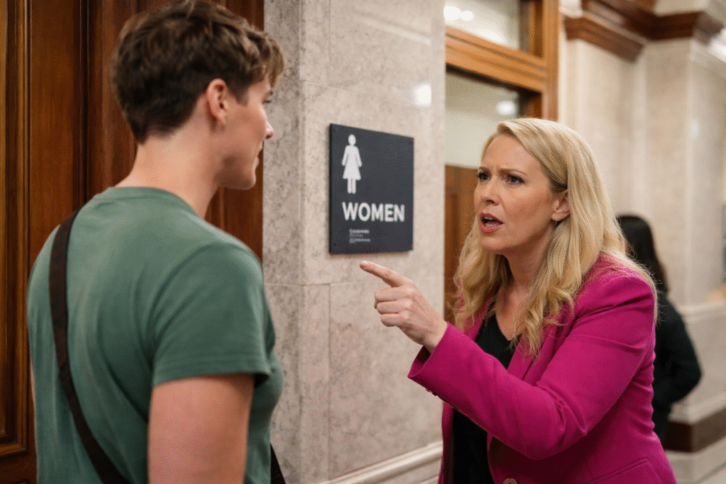 A woman speaks to a person standing near a women’s restroom entrance inside the Texas State Capitol, with a clearly visible “Women” restroom sign mounted on a marble wall.