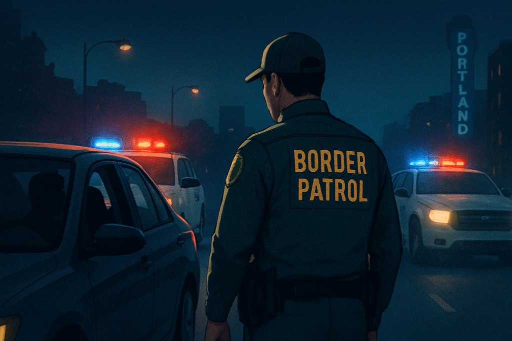 A Border Patrol agent stands beside a pulled-over sedan on a Portland street at night, illuminated by flashing red and blue lights from a nearby patrol SUV, with silhouetted buildings and a glowing "PORTLAND" sign in the background.