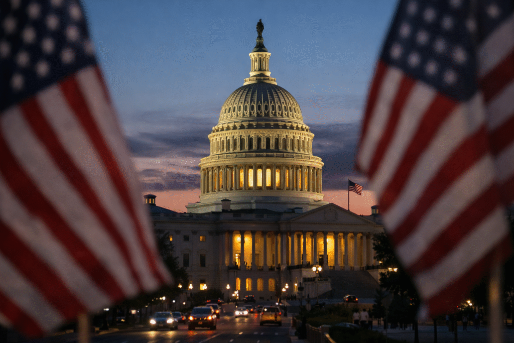 United States Capitol building illuminated at dusk, framed by American flags, with traffic visible on Pennsylvania Avenue in Washington, D.C.