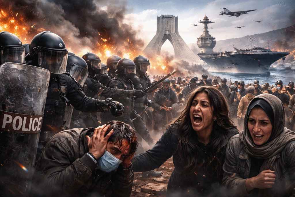 Composite image depicting Iranian riot police confronting protesters amid fires and heavy smoke, with injured civilians in the foreground, crowds in the streets, and Tehran landmarks visible in the background alongside military aircraft and a naval carrier offshore.