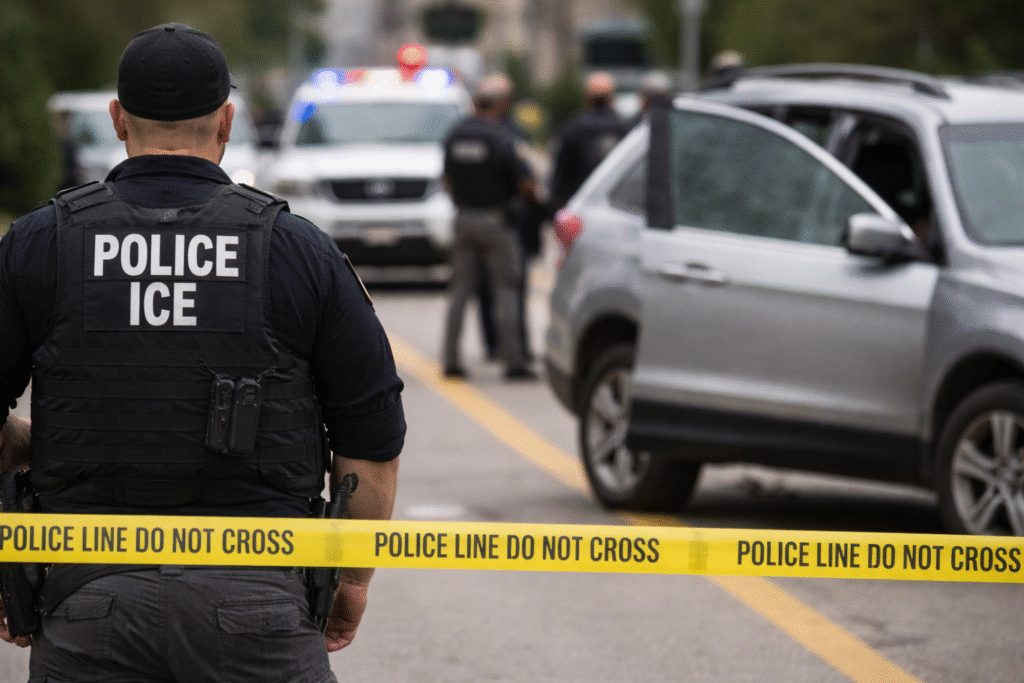 An ICE agent stands behind police tape on a city street as officers surround a silver SUV during a law enforcement operation, with emergency vehicles visible in the background.