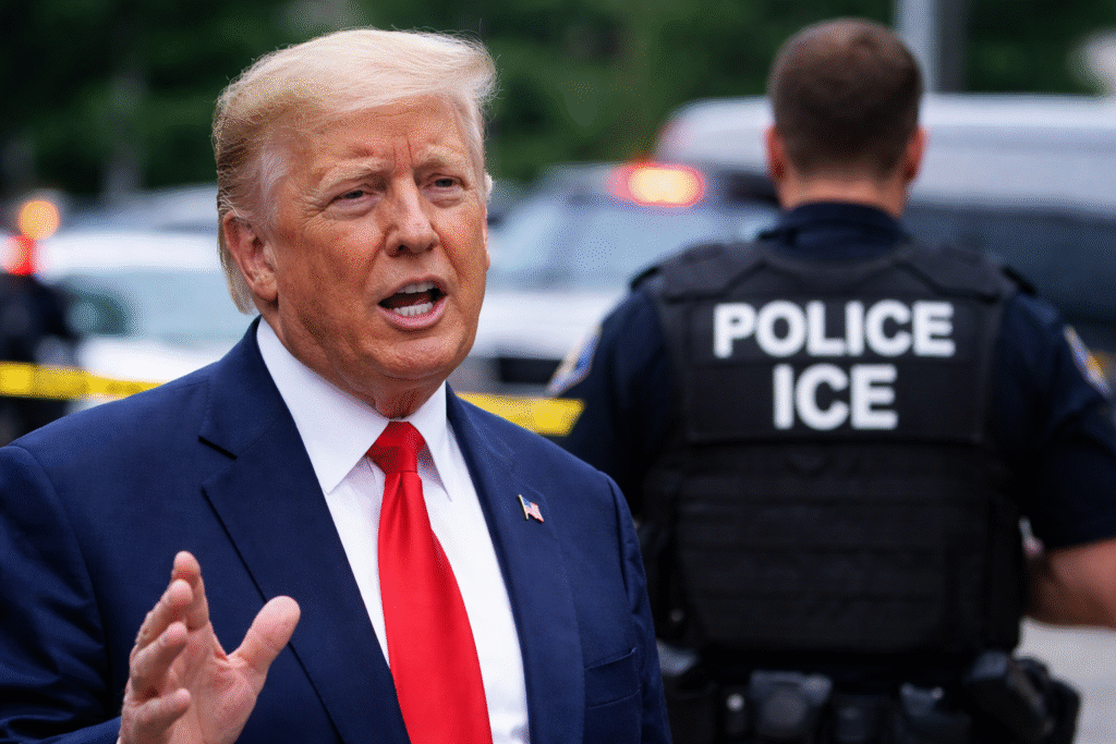 President Donald Trump speaks to reporters outdoors as a law enforcement officer with “ICE” visible on the uniform stands near police vehicles and crime scene tape in the background.