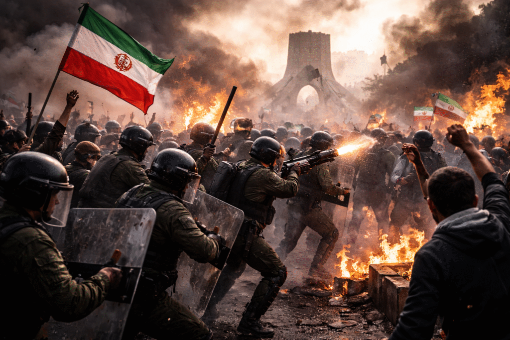 Crowded protest scene in Iran showing riot police in protective gear confronting demonstrators amid smoke and fire, with Iranian flags visible and a major city landmark in the background.