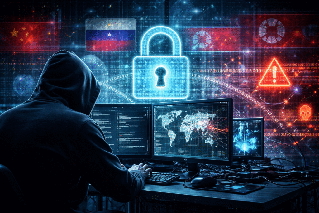 Hooded figure working at multiple computer monitors displaying global cyber activity maps, warning symbols, and digital lock imagery, representing cyber threats and network security risks.