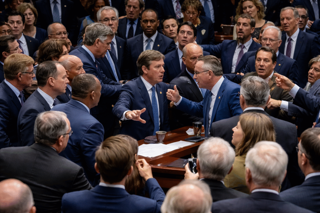 Lawmakers argue on the House floor during a tense Venezuela war powers vote, with members clustered around the Speaker’s dais amid visible confusion and raised voices.