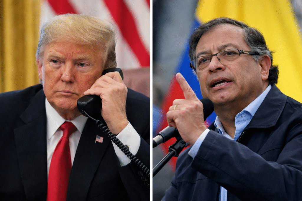 Side-by-side image showing President Donald Trump speaking on a telephone in the Oval Office and Colombian President Gustavo Petro addressing a crowd with a microphone, with national colors visible in the backgrounds.