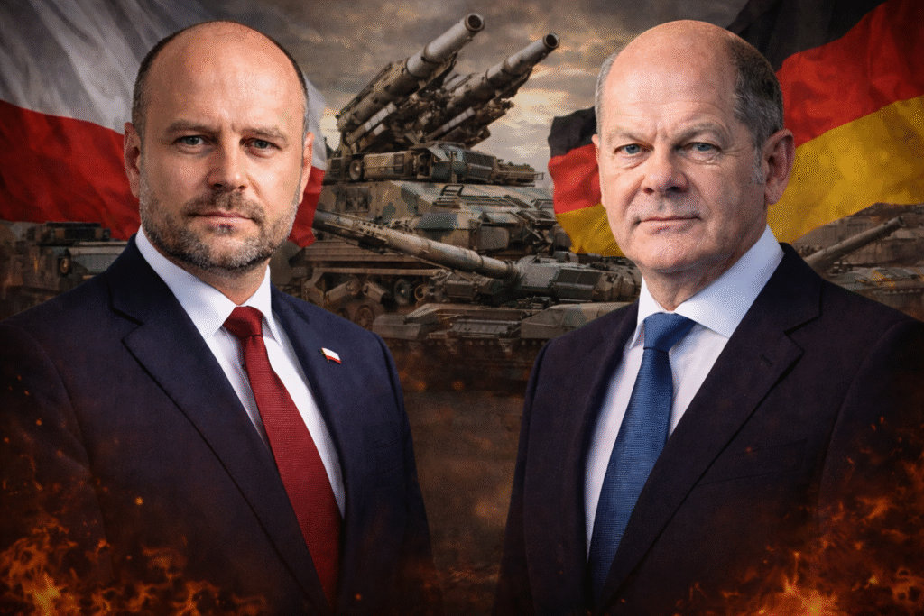 Polish President Karol Nawrocki and German Chancellor Olaf Scholz stand side by side in formal suits, with Polish and German flags and military hardware visible in the background, symbolizing tensions over reparations and defense policy.