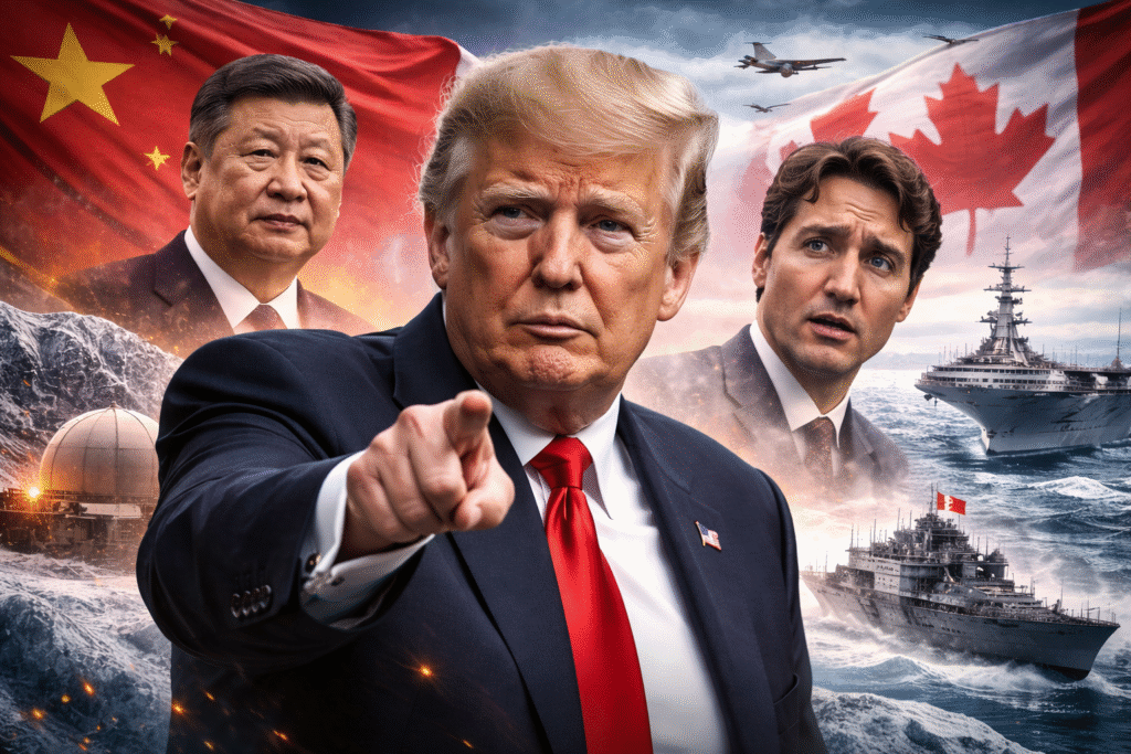 Composite image showing President Donald Trump pointing forward in the foreground, with Chinese President Xi Jinping and Canadian Prime Minister Justin Trudeau behind him, set against an Arctic backdrop featuring military aircraft, naval vessels, ice-covered terrain, and Chinese and Canadian flags.