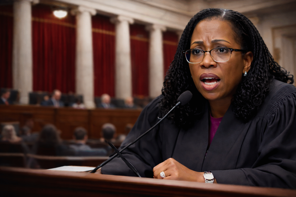 Supreme Court Justice Ketanji Brown Jackson speaking during oral arguments, seated at the bench in a black judicial robe, addressing the court with a microphone, with the Supreme Court courtroom visible in the background.