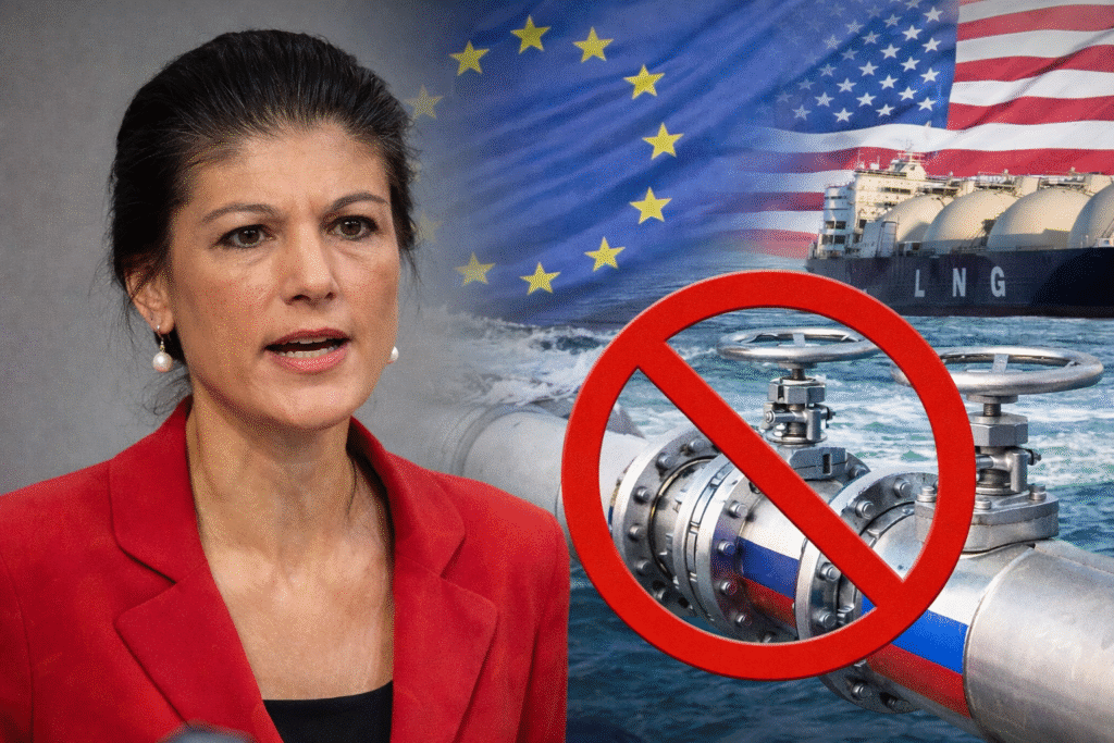 German politician Sahra Wagenknecht speaking, alongside imagery of EU and U.S. flags, an LNG tanker, and gas pipeline valves marked with a prohibition symbol.
