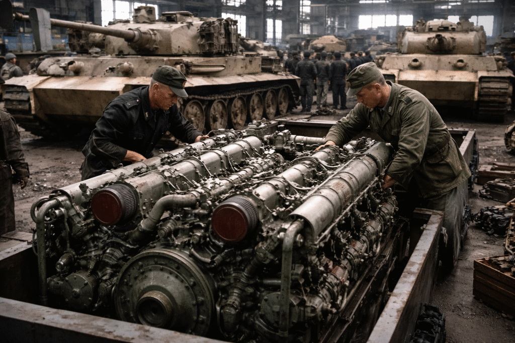German engineers work on a large tank engine inside a World War II factory, with partially assembled Tiger tanks and uniformed personnel visible in the background.