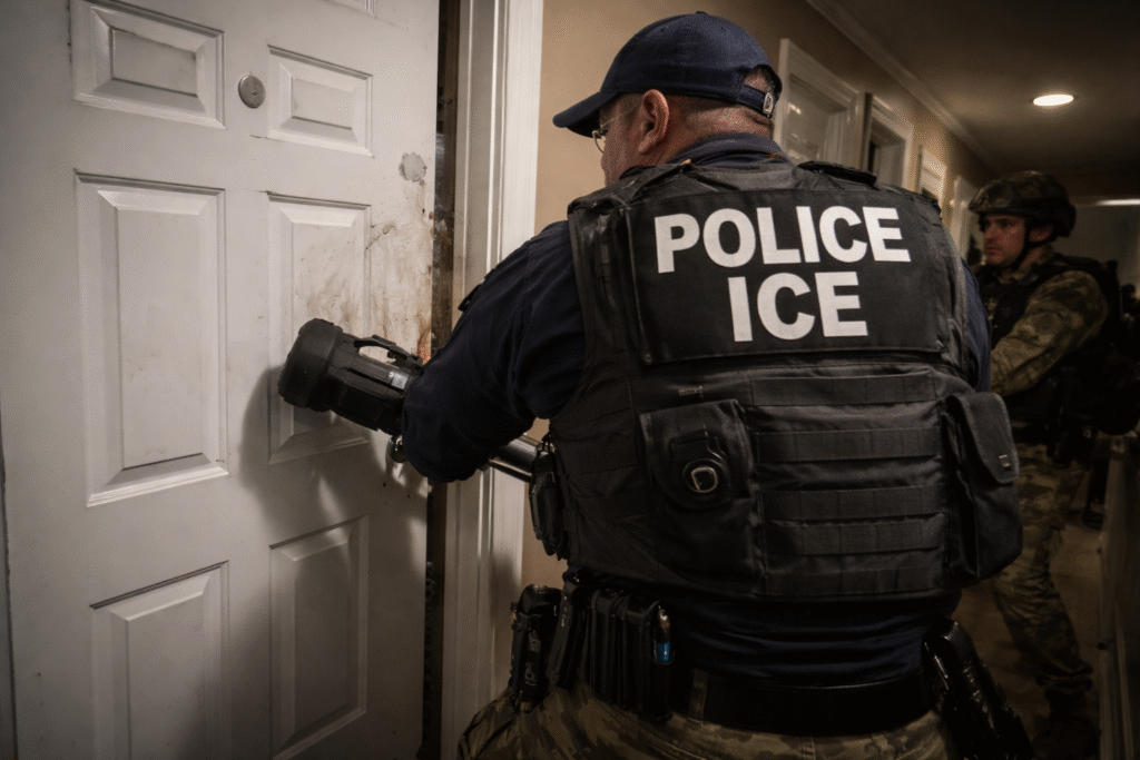 ICE agents in tactical gear use a battering ram to force entry into a residential home during an immigration enforcement operation.