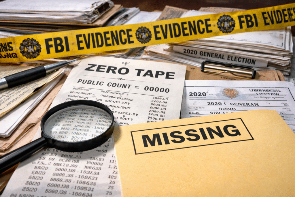 Election documents from Fulton County’s 2020 general election displayed on a table, featuring a zero tape printout showing no votes, stacks of paperwork, and FBI evidence tape indicating missing records.