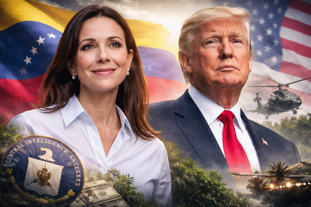Composite image showing Venezuelan opposition leader María Corina Machado in the foreground with the Venezuelan flag behind her, alongside former U.S. President Donald Trump against a U.S. flag backdrop, with military helicopters and intelligence imagery symbolizing geopolitical pressure and regime change in Venezuela.