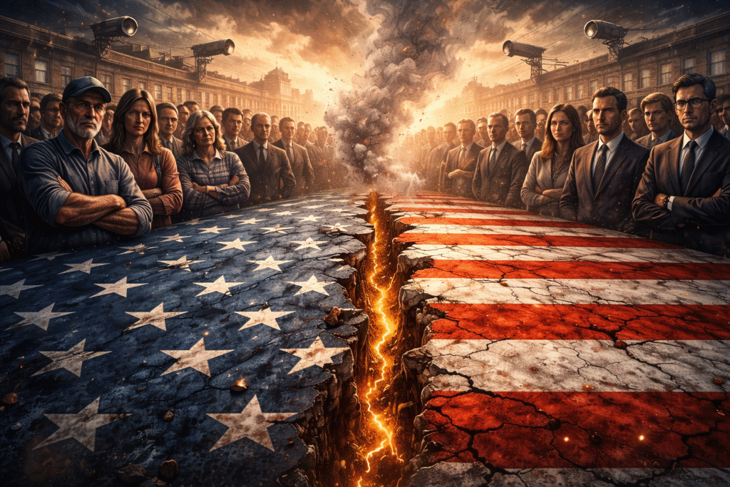 A digital illustration of a cracked American flag split down the center, with smoke rising from the fracture and groups of citizens and officials standing on opposite sides, emphasizing division and loss of trust.